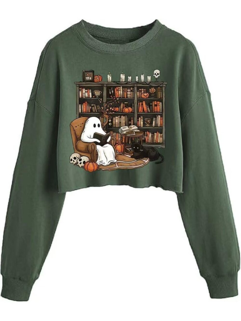 🆕 Women's Dark Green Halloween Crop Lantern Sleeve Fall Pullover Sweatshirt